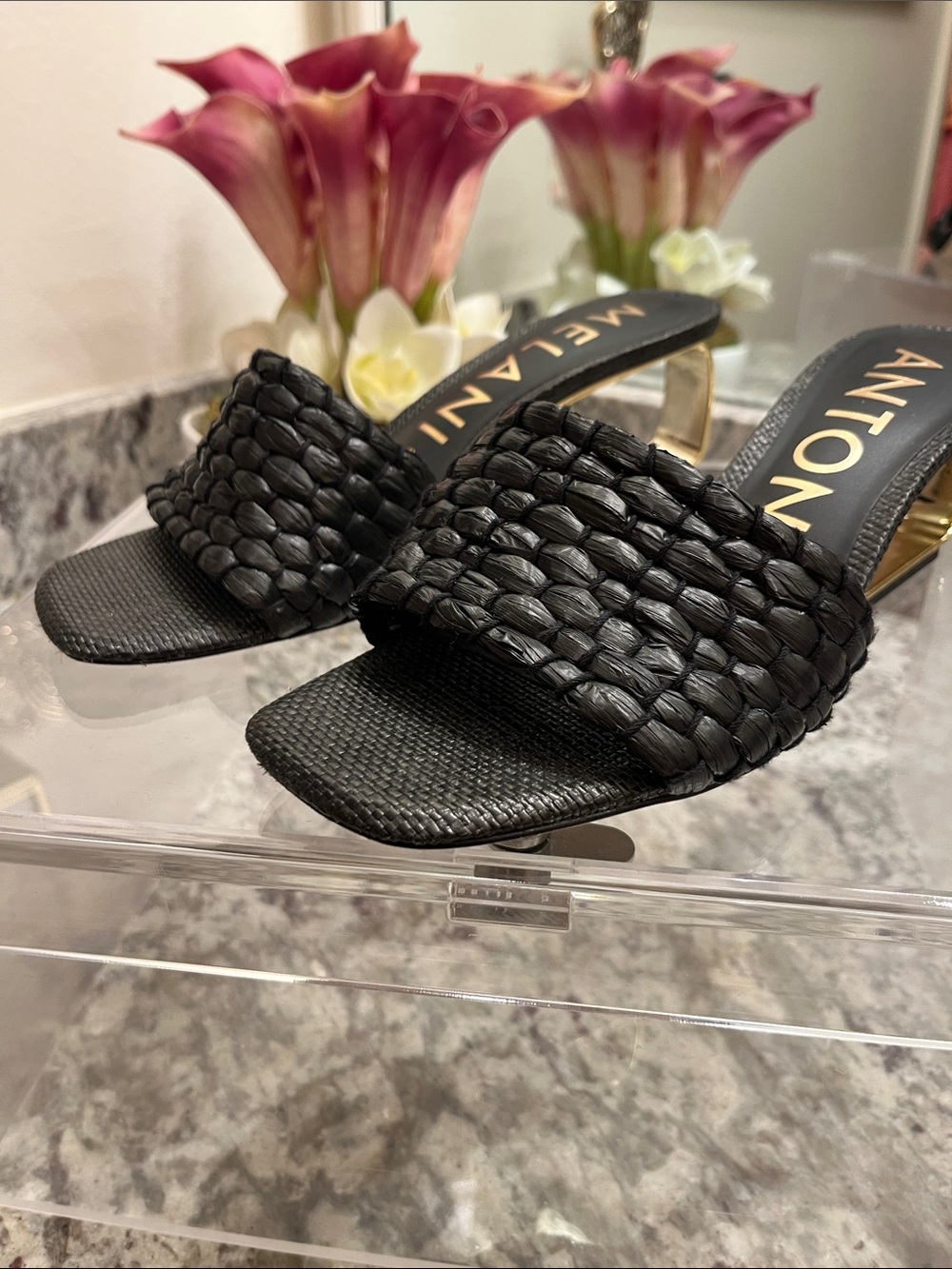 ANTONIO MELANI Black Braided Slide Wedges